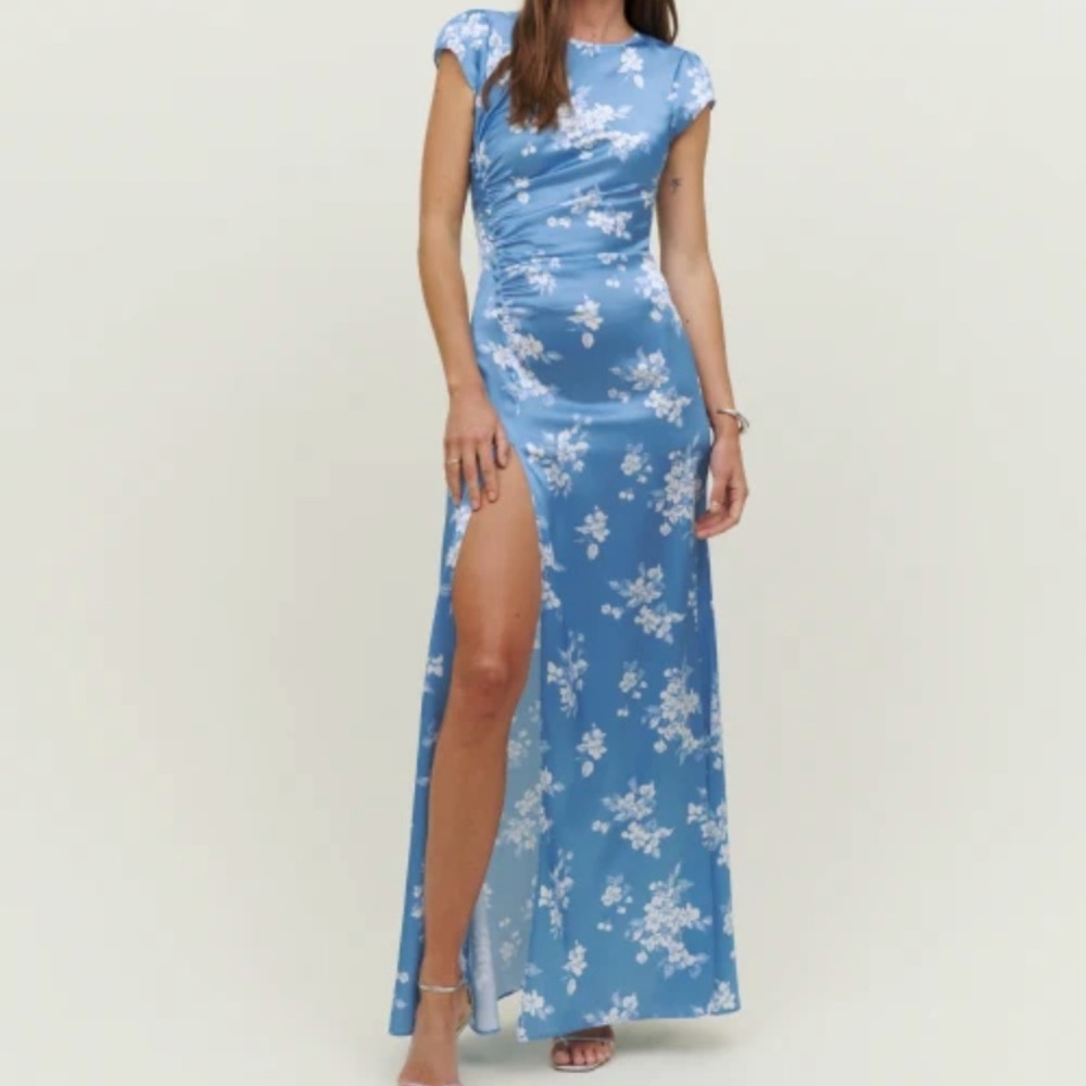 Reformation Birch Silk Dress, Size 10, Blue & white flower detail short sleeve